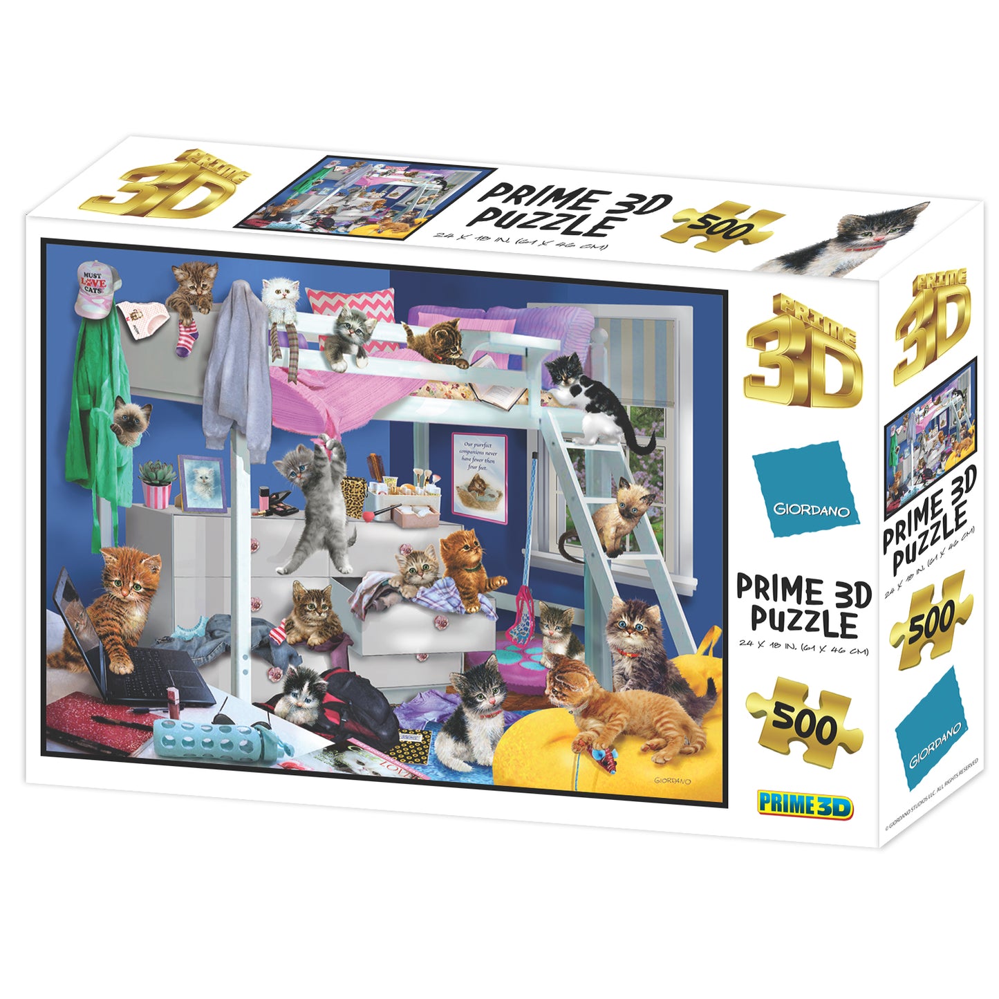 Messy Bedroom Kittens 3D Jigsaw Puzzle – 500 Piece Cute Cat Puzzle by Giordano | Prime3D | 24x18" | 1Di Canada