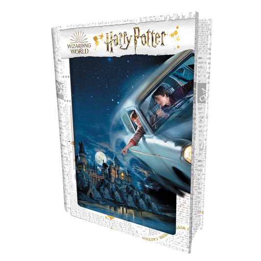 35628 | Harry Potter & Ron Flying over Hogwarts 3D Jigsaw Puzzle in Tin Book 35628 300pc 18x12"