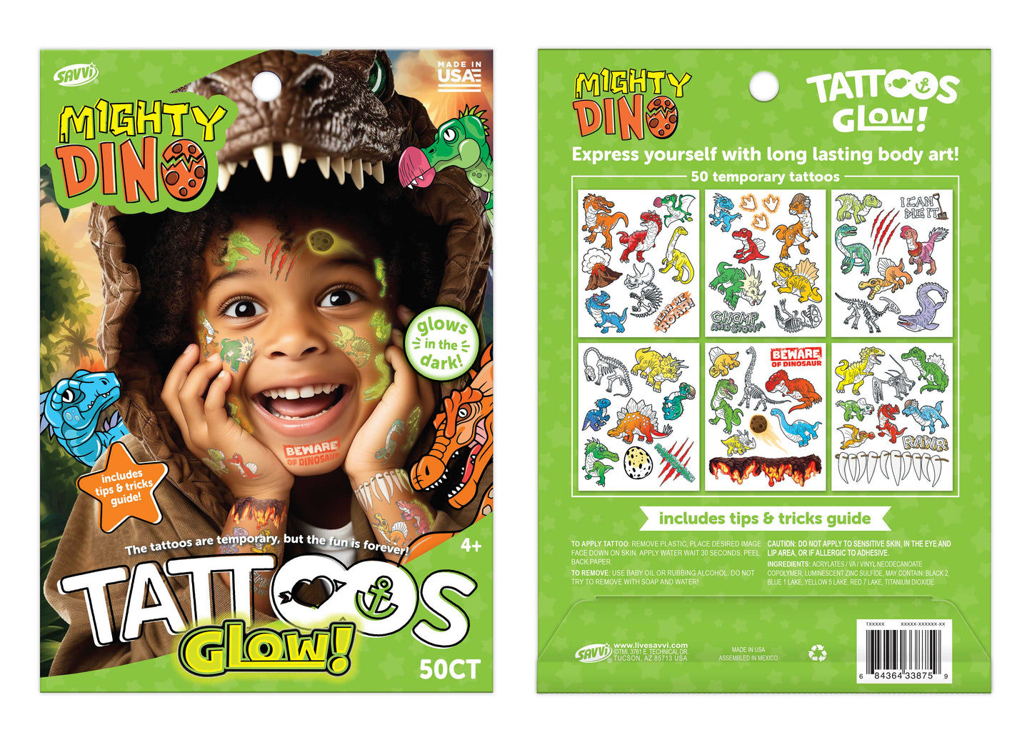 35115 | Savvi Temporary Tattoos - Glow Dino Glow in the Dark Tattoo Pouch