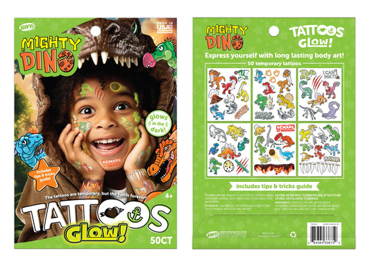 35115 | Savvi Temporary Tattoos - Glow Dino Glow in the Dark Tattoo Pouch