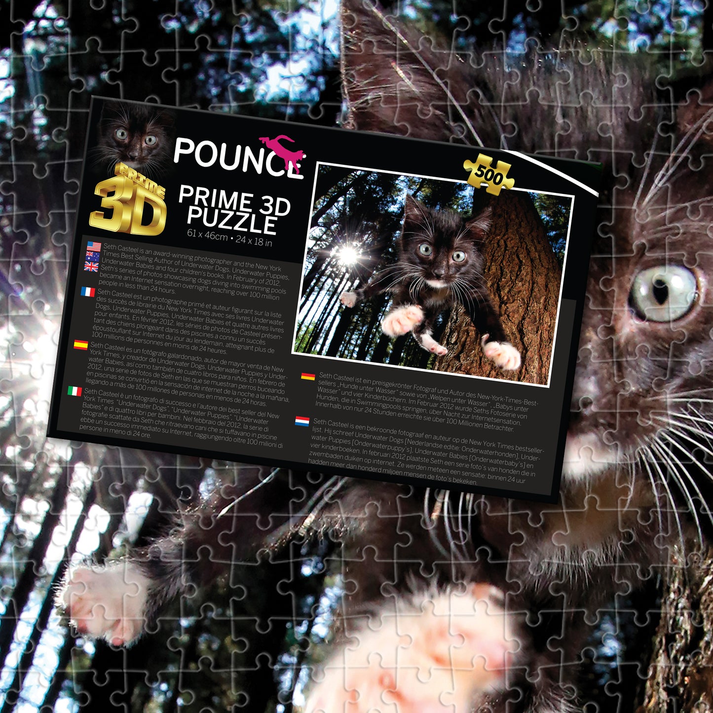 Snookums Pounce Prime3D Puzzle (500 Pieces, 24" x 18") | Purr-fectly Ready to Pounce | 10405
