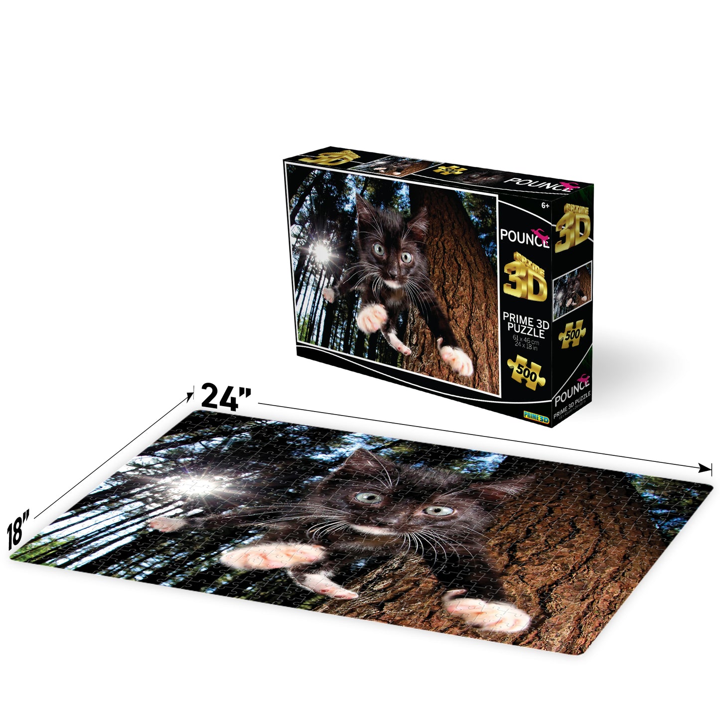 Snookums Pounce Prime3D Puzzle (500 Pieces, 24" x 18") | Purr-fectly Ready to Pounce | 10405