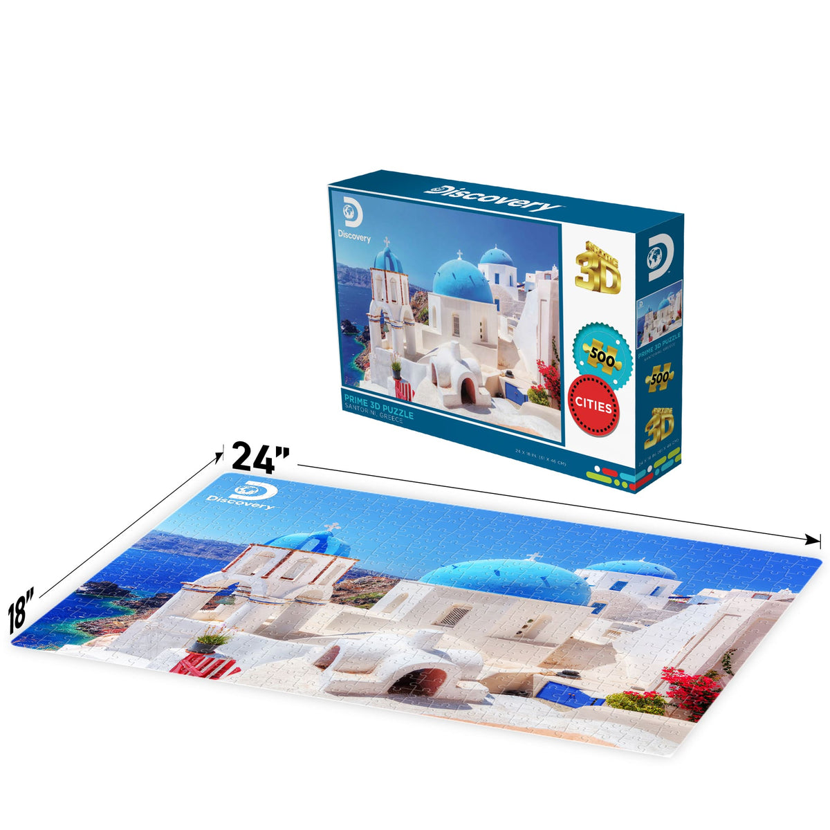 Puzzle Prime3D Santorin Grèce (500 pièces, 61 cm × 46 cm) | Pas besoin de passeport. Juste 500 pièces. | 10443