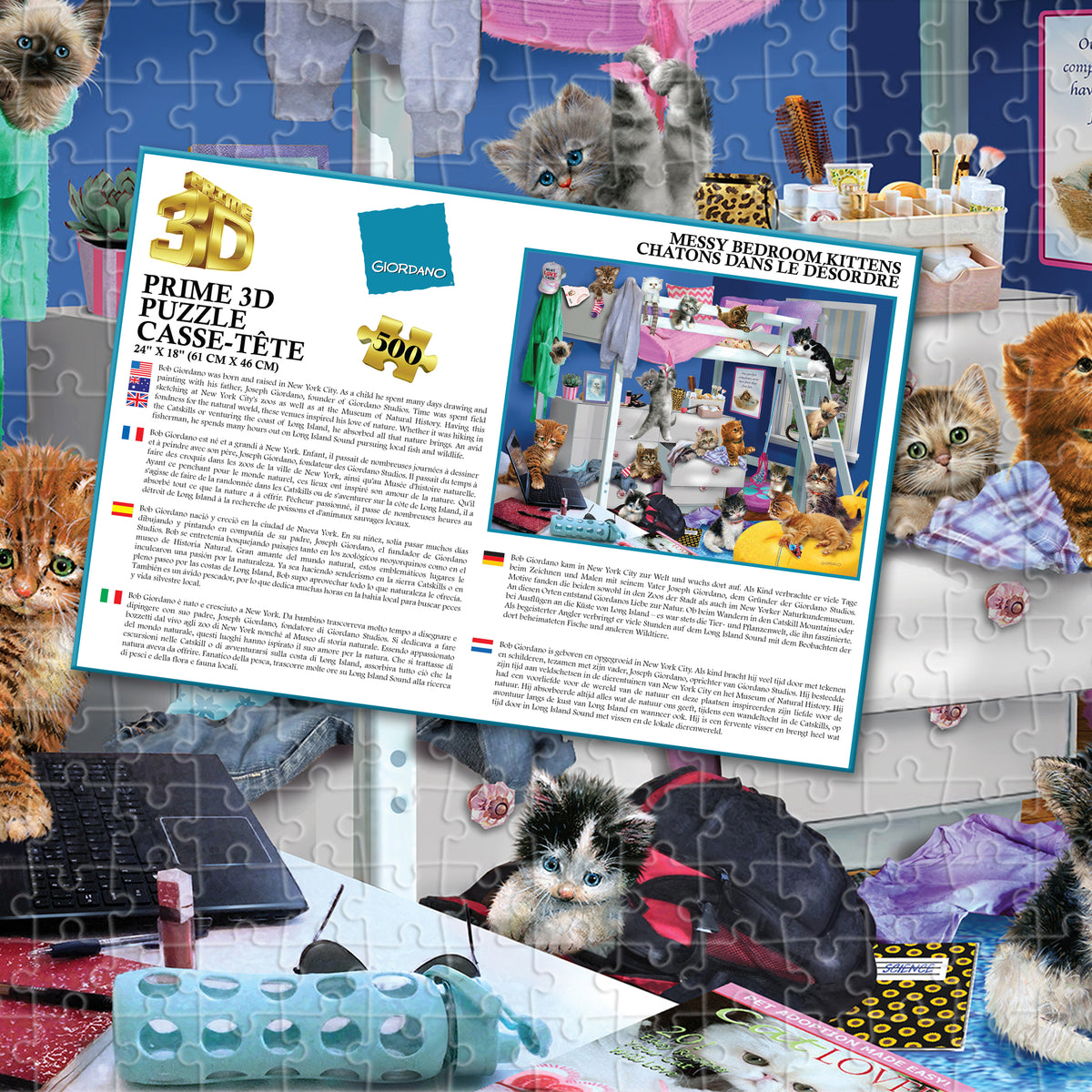 Puzzle 3D Giordano Chatons dans une chambre en désordre (500 pièces, 61 cm × 46 cm) | Du chaos ? Les chatons appellent ça de la décoration. | 10459