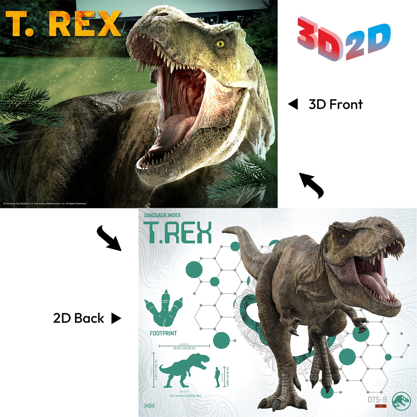 Jurassic World T-Rex Double-Sided 2D/3D Puzzle (100 Pieces) | Build It. Flip It. Survive It. | 12x9" | 20586