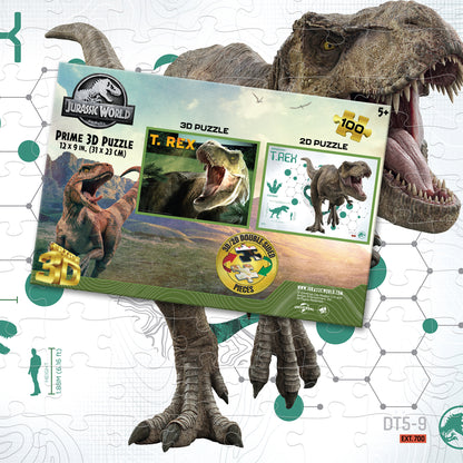 Jurassic World T-Rex Double-Sided 2D/3D Puzzle (100 Pieces) | Build It. Flip It. Survive It. | 12x9" | 20586