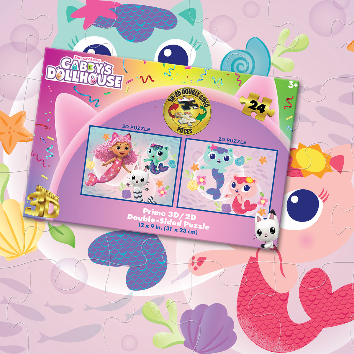 Puzzle 3D/2D Gabby et la Magie des Chatons 24 pièces 20629 – Jeu double face lenticulaire et classique | Prime3D 12x9 po | 1Di Canada