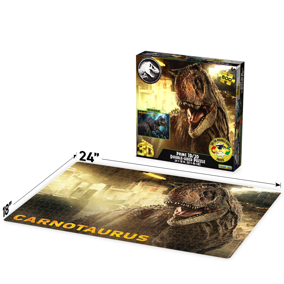 Puzzle 3D/2D 500 pièces Jurassic World Ceratosaurus contre Giganotosaurus P3D37546 – Bataille de dinosaures lenticulaire double face | Prime3D 24x18 po | 1Di Canada